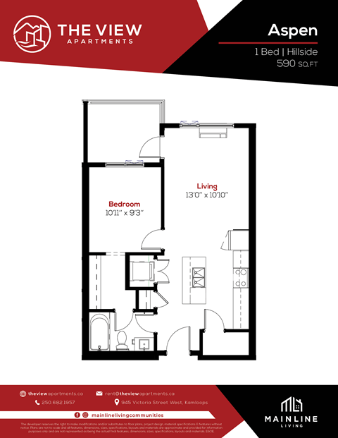 Apartment living room and bedroom layout for a 1 Bedroom Hillside apartment.